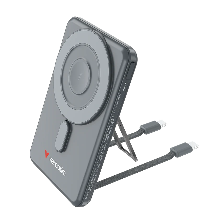 Verbatim Powerbank Charge'n'Go 2C, 5.000mAh, Klappstand, grau Magnetic Wireless, 2 integr. Kabel USB-C, Retail