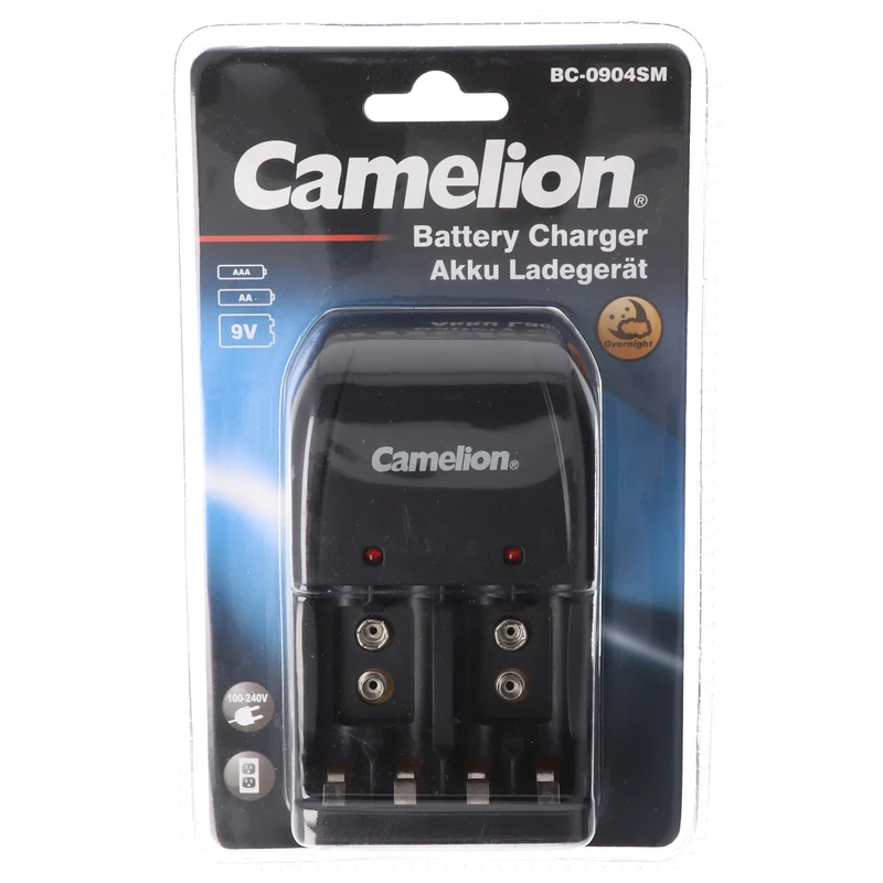 Camelion Stecker-Ladegerät BC-0904SM für eine paarweise Ladung von AAA, AA oder 9V Block NiMH Akkus, 2 LED-Anzeigen