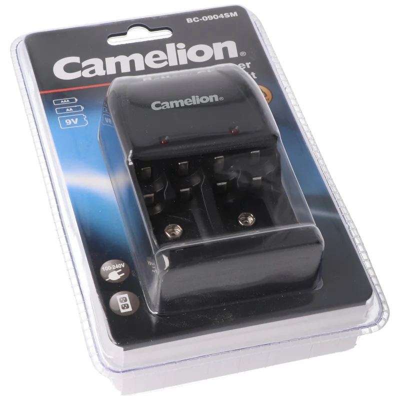Camelion Stecker-Ladegerät BC-0904SM für eine paarweise Ladung von AAA, AA oder 9V Block NiMH Akkus, 2 LED-Anzeigen