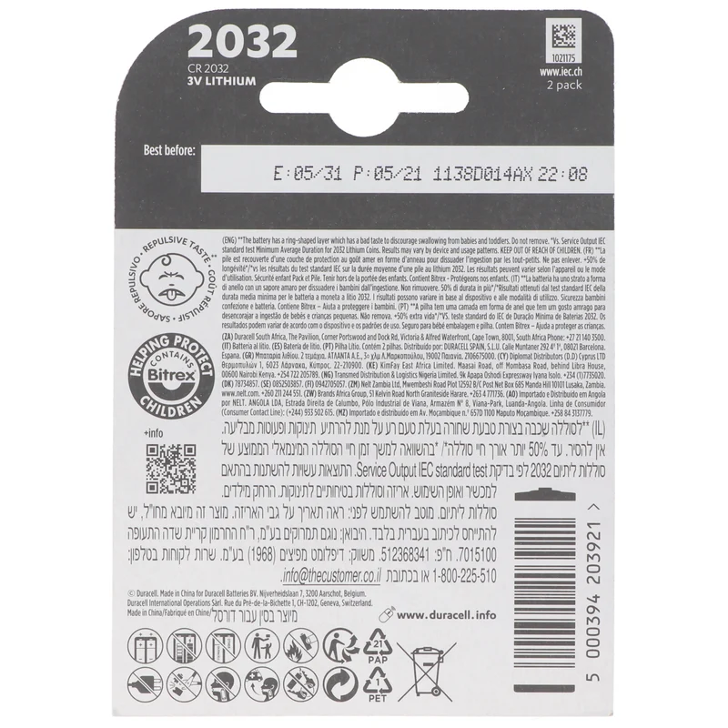 Duracell CR2032 Lithium Batterie 3 Volt mit bis zu 180mAh Kapazität 2er Blister
