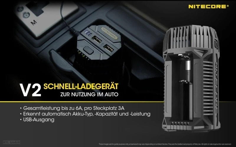 Nitecore V2 Kfz-Schnellladegerät für 1 oder 2 Akkus, mit Kfz-Anschlusskabel, Ladestrom max. 3A