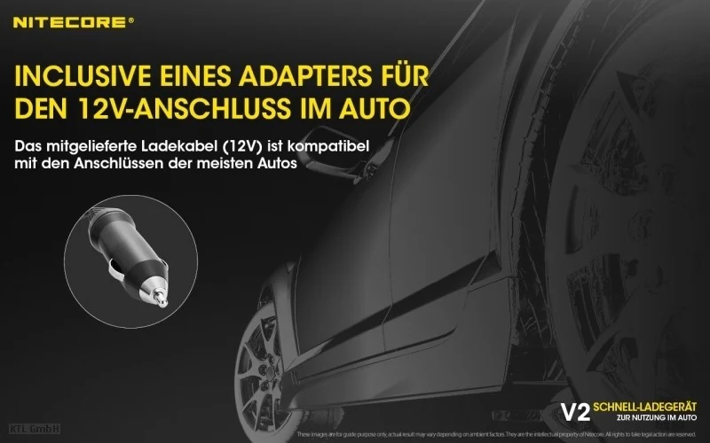 Nitecore V2 Kfz-Schnellladegerät für 1 oder 2 Akkus, mit Kfz-Anschlusskabel, Ladestrom max. 3A