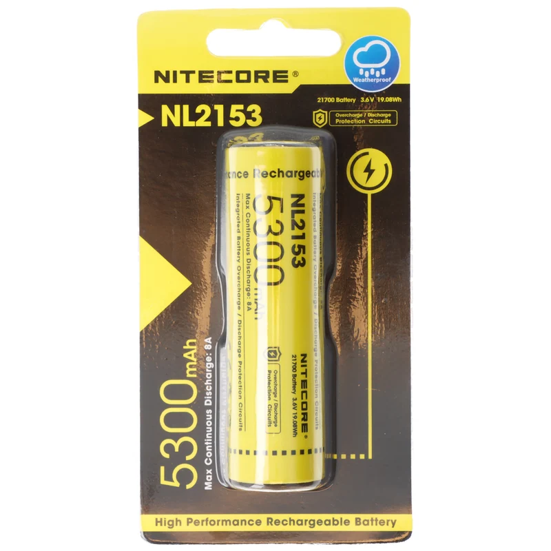 Nitecore Li-Ion Akku Typ 21700 mit 5300mAh NL2153 mit Schutzschaltung, max. 8A Entladestrom, 75,4x21,5mm