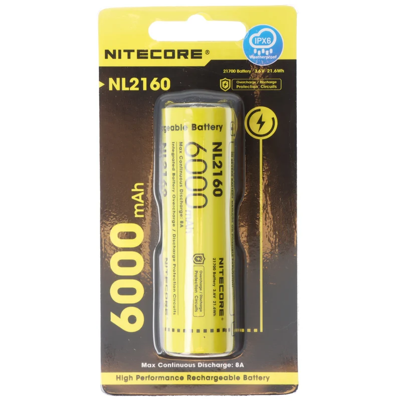 Nitecore Li-Ion Akku Typ 21700 mit 6000mAh NL2160 mit Schutzschaltung, max. 8A Entladestrom, 75,4 x 22mm