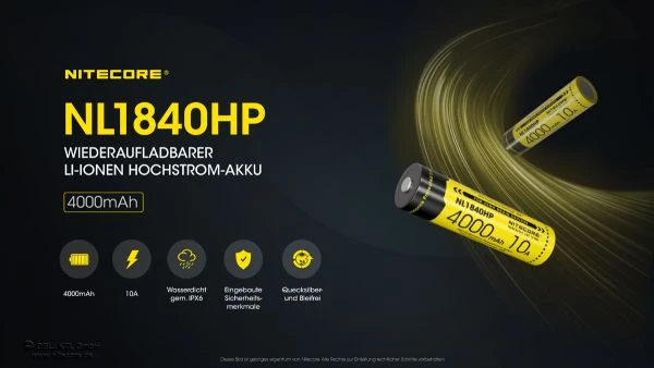 Nitecore 18650 Li-Ion Akku, NL1840HP, 4000mAh, mit Schutzschaltung