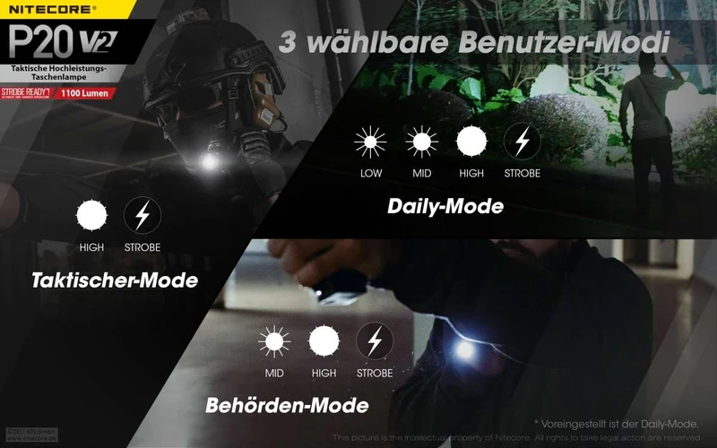 Nitecore P20 V2 LED-Taschenlampe, 1100 Lumen, taktische Taschenlampe, drei Benutzer-Modi, inklusive 2x CR123A Lithium Batterien