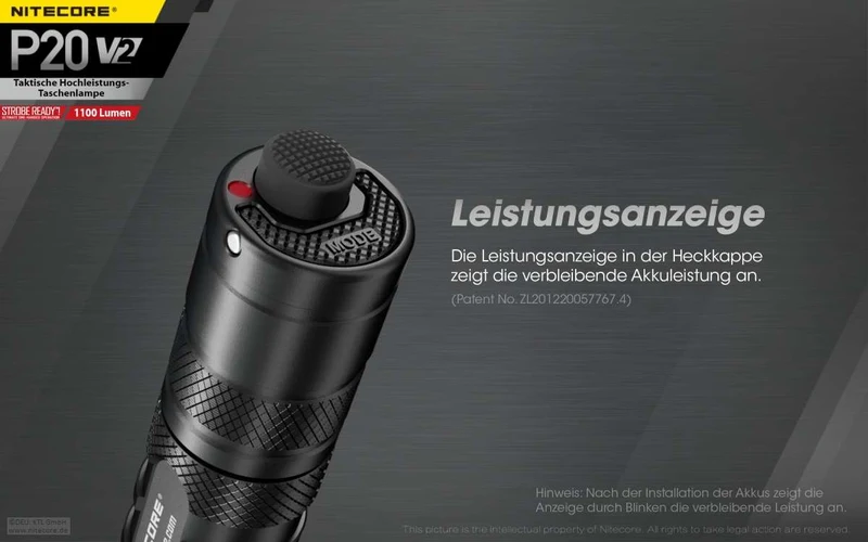 Nitecore P20 V2 LED-Taschenlampe, 1100 Lumen, taktische Taschenlampe, drei Benutzer-Modi, inklusive 2x CR123A Lithium Batterien