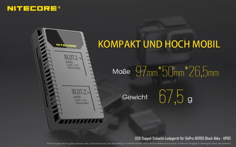 Nitecore Ladegerät UGP5 USB-Ladegerät mit LCD-Display für GoPro HERO 5 Black Akkus