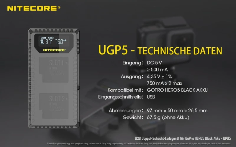 Nitecore Ladegerät UGP5 USB-Ladegerät mit LCD-Display für GoPro HERO 5 Black Akkus
