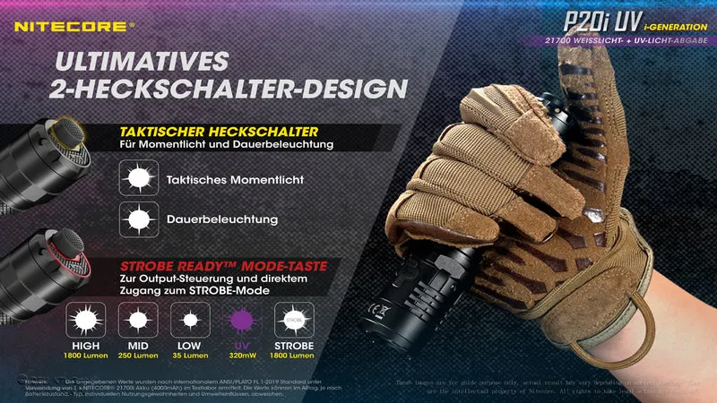 Nitecore P20i UV LED-Taschenlampe, 4x UV-LEDs, für Forensik, Begutachtungen, Dokumentenprüfung, Währungserkennung, 21700 Li-Ion Akku Typ NL2140i 4000mAh