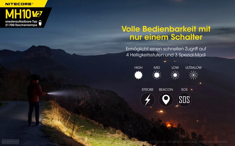 Nitecore MH10 V2, MH10V2 LED Taschenlampe inklusive 21700 4000mAh Li-Ion Akku, 1200 Lumen