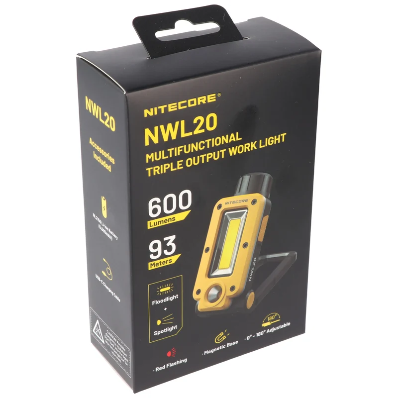 Nitecore NWL20 multifunktionale Arbeitsleuchte, 600 Lumen, COB-Flutlicht und LED-Spotlicht, mit Rotlicht, inklusive NL2150 21700 Li-Ion Akku