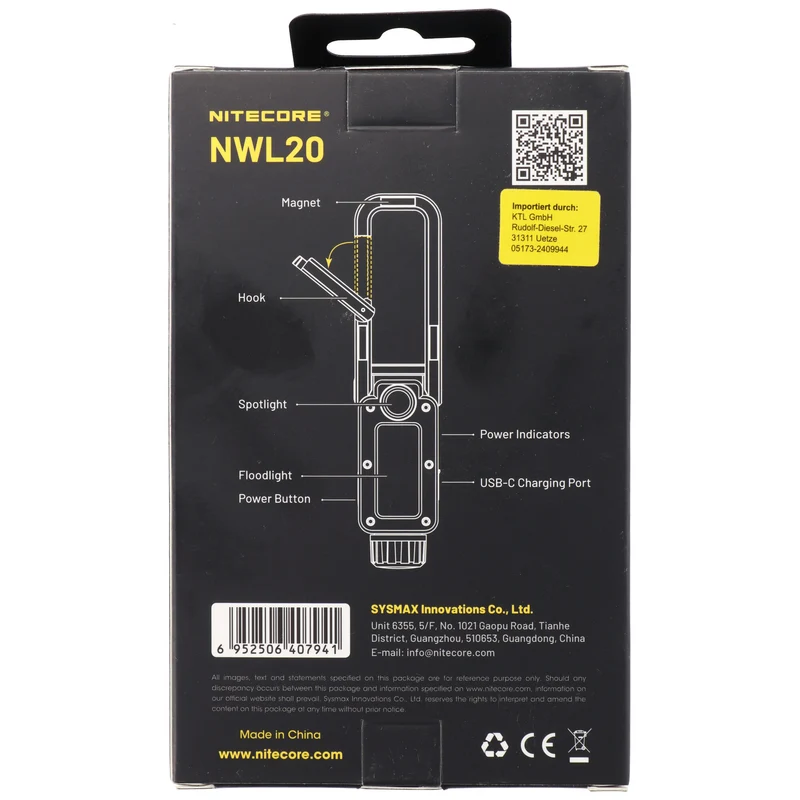 Nitecore NWL20 multifunktionale Arbeitsleuchte, 600 Lumen, COB-Flutlicht und LED-Spotlicht, mit Rotlicht, inklusive NL2150 21700 Li-Ion Akku