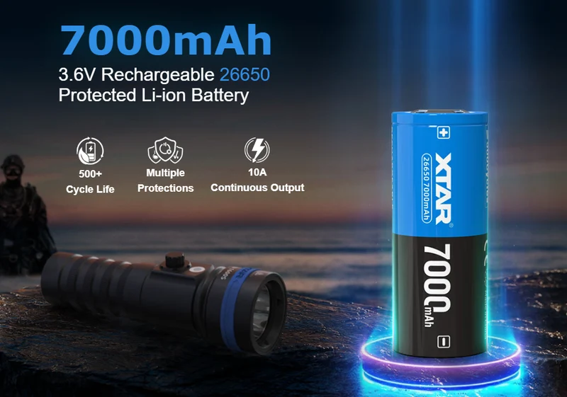 XTAR 26650 - 7000mAh, 3,6V - 3,7V Li-Ion-Akku PCB geschützt Max Power 10A