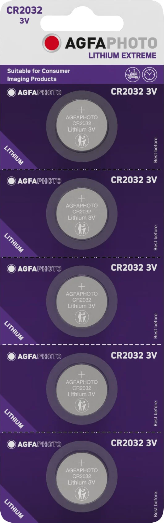 Agfaphoto Batterie Lithium, Knopfzelle, CR2032, 3V Extreme, Retail Blister (5-Pack)