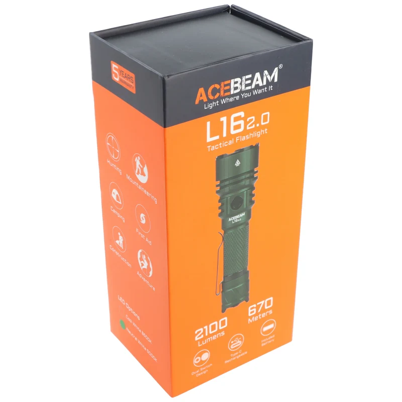 AceBeam L16 2.0 – taktische LED-Taschenlampe mit 2.100 Lumen, 670 m Reichweite (grün)