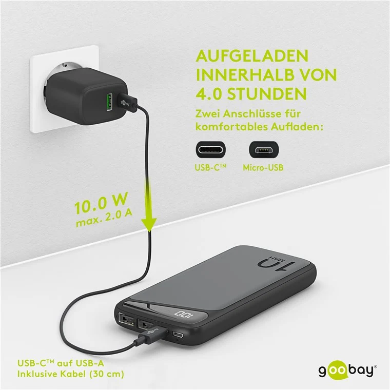 Goobay Powerbank Slimline 10.000 mAh - Leistungsstarke 10.000 mAh mit Status-Display
