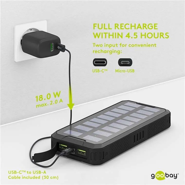 Goobay Outdoor Schnelllade-Powerbank mit Solar 20.000 mAh (USB-C™ PD, QC 3.0) - Robuste Allround-Stromversorgung für den Outdoor-Einsatz