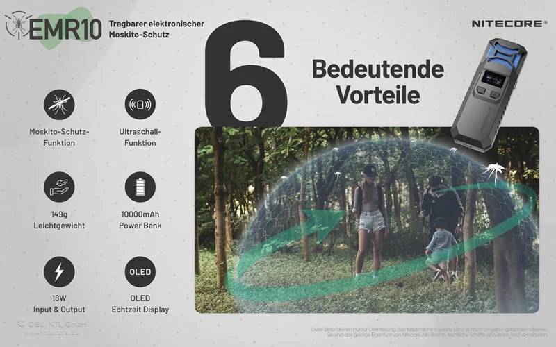 Nitecore EMR10, mobile Mückenabwehr, inklusive 2x NL2150 Akkus, mit Powerbankfunktion, wasserdicht IPX5, ideal für Camping, Outdoor und Angeln, inkl. 6x Mosquito-Schutz-Matten