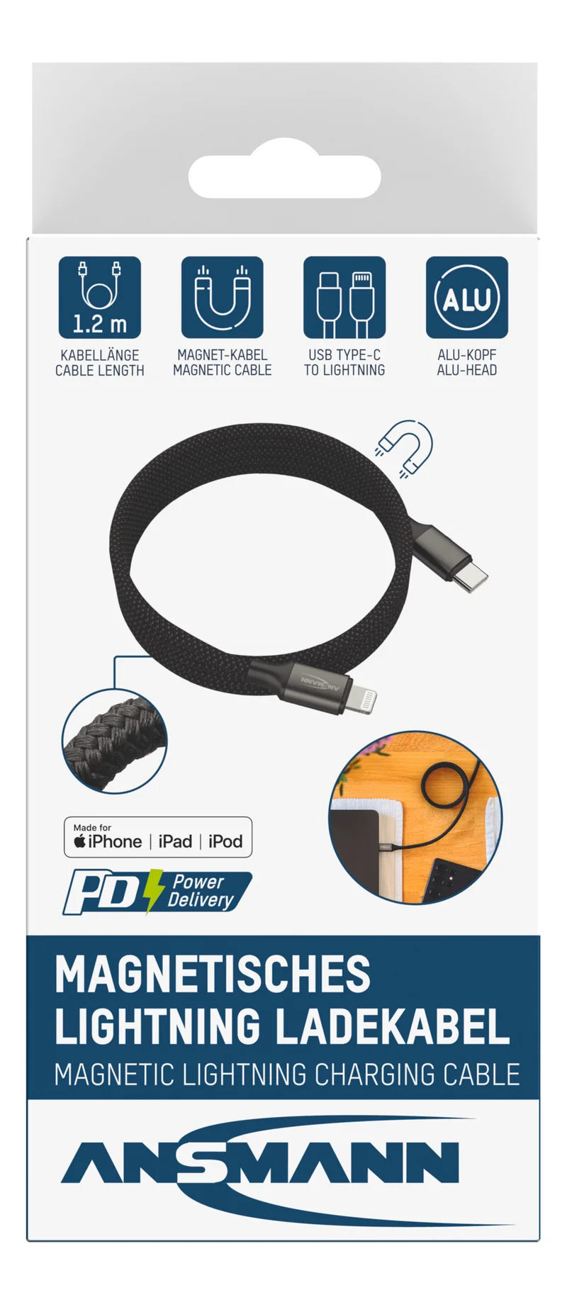 ANSMANN Magnetisches Ladekabel – USB-C auf Lightning, 120 cm