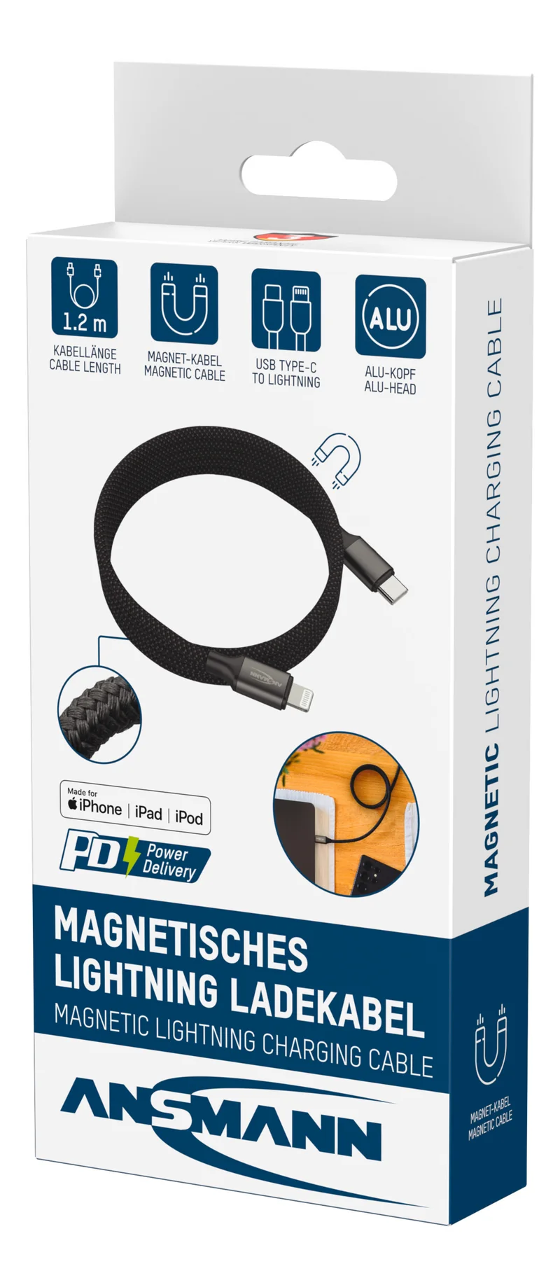 ANSMANN Magnetisches 4in1 Ladekabel – USB-A / USB-C auf USB-C oder Lightning, 120 cm