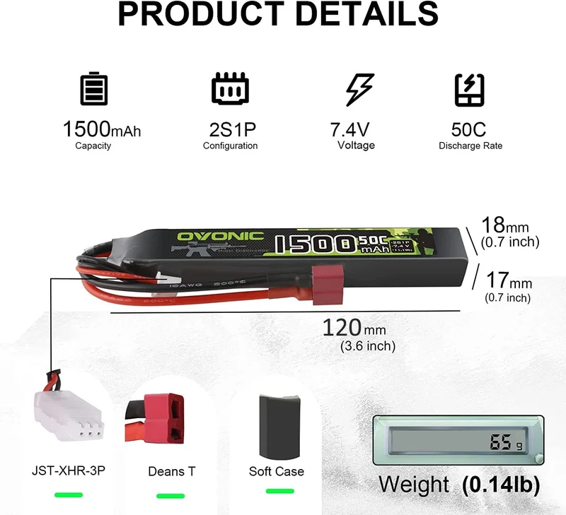 Ovonic 2S Lipo-Akku 1500mAh 2S1P 50C 7,4V Airsoft-Lipo-Akku mit T-Stecker