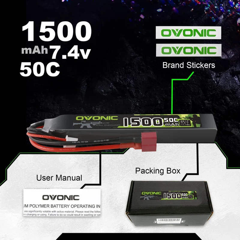 Ovonic 2S Lipo-Akku 1500mAh 2S1P 50C 7,4V Airsoft-Lipo-Akku mit T-Stecker