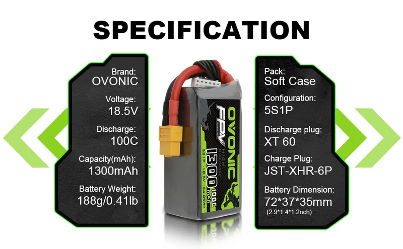 OVONIC 5S LiPo-Akkupack 1300mAh 100C 18,5V mit XT60-Stecker