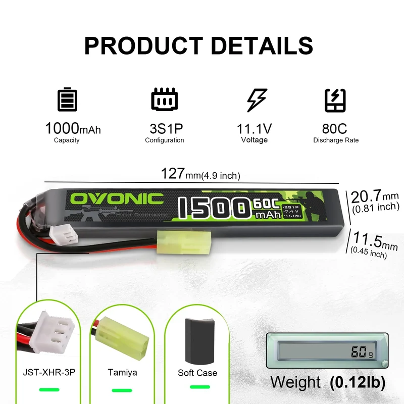 Ovonic 2S LiPo-Akku 1500mAh 2S1P 60C 7,4V Airsoft-LiPo-Akku mit Tamiya-Anschluss