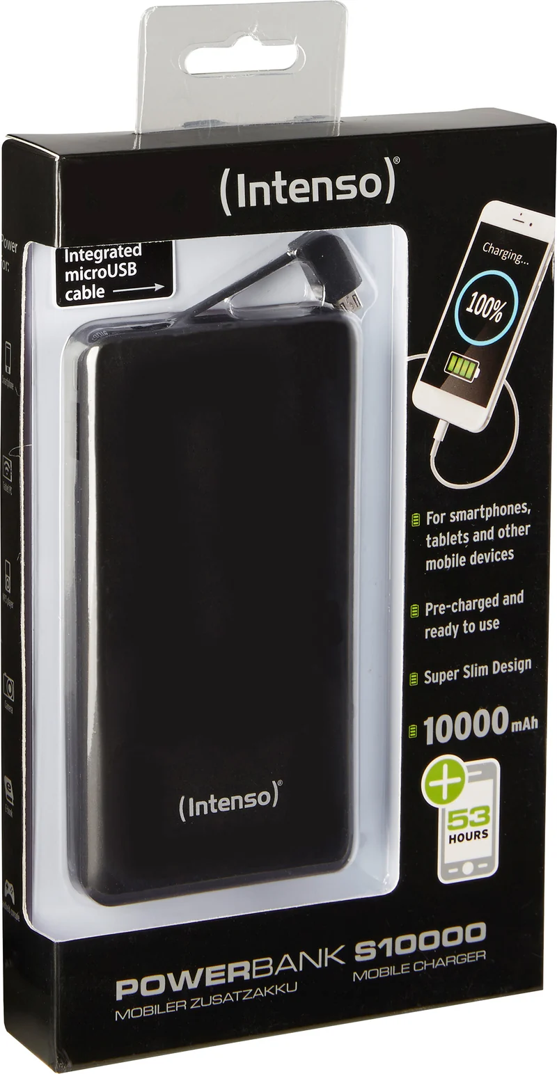 Intenso Akku-Powerbank „XS10000“ – 10.000 mAh, Schwarz, USB-A / Micro-USB / USB-C