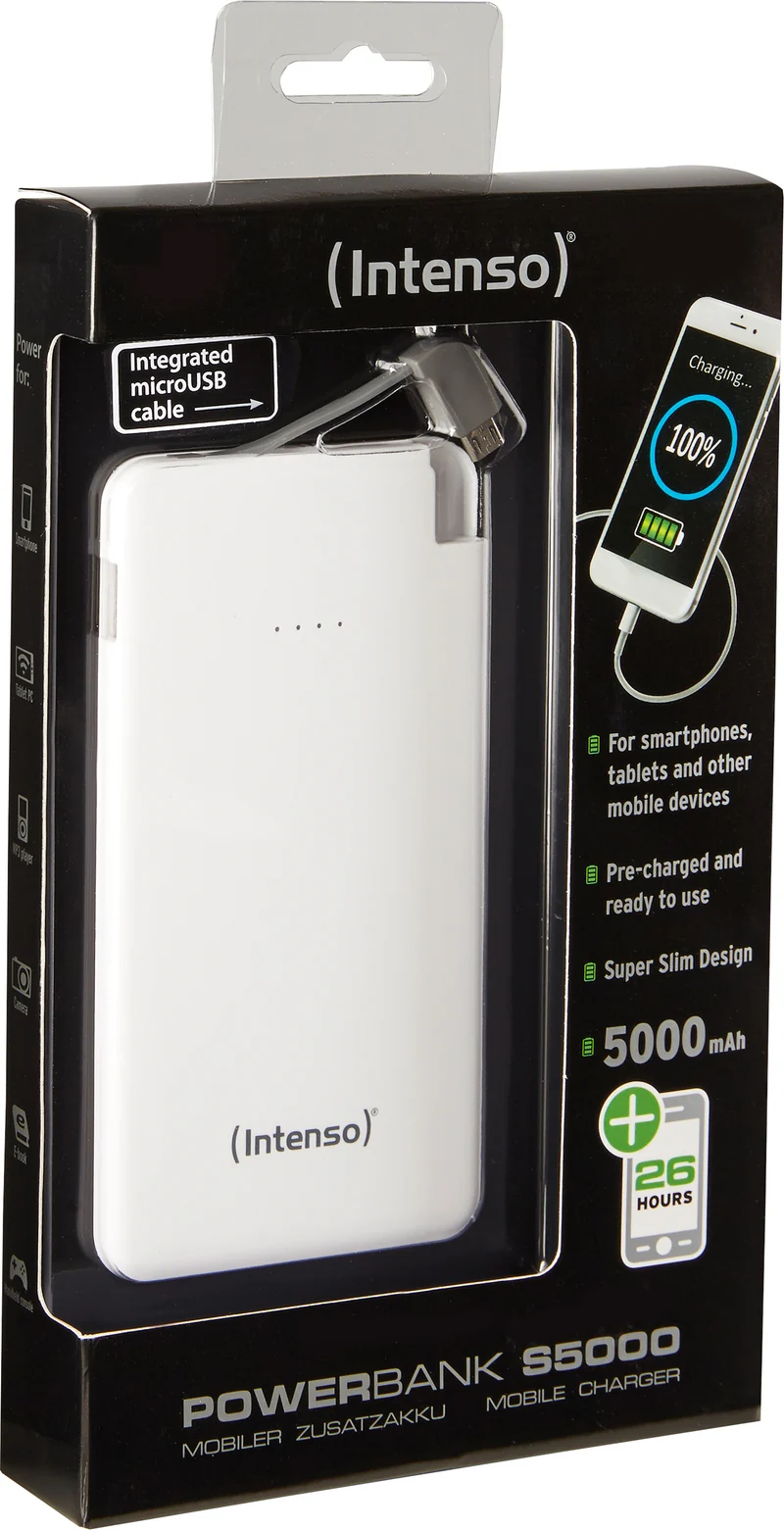 Intenso Akku-Powerbank „XS5000“ – 5.000 mAh, Weiß, USB-A / Micro-USB / USB-C