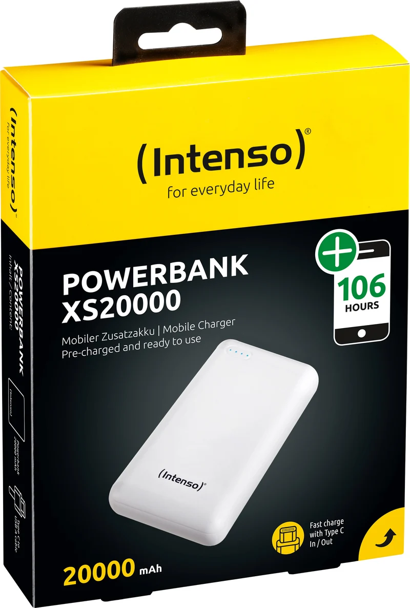 Intenso Akku-Powerbank „XS20000“ – 20.000 mAh, Weiß, USB-A / Micro-USB / USB-C