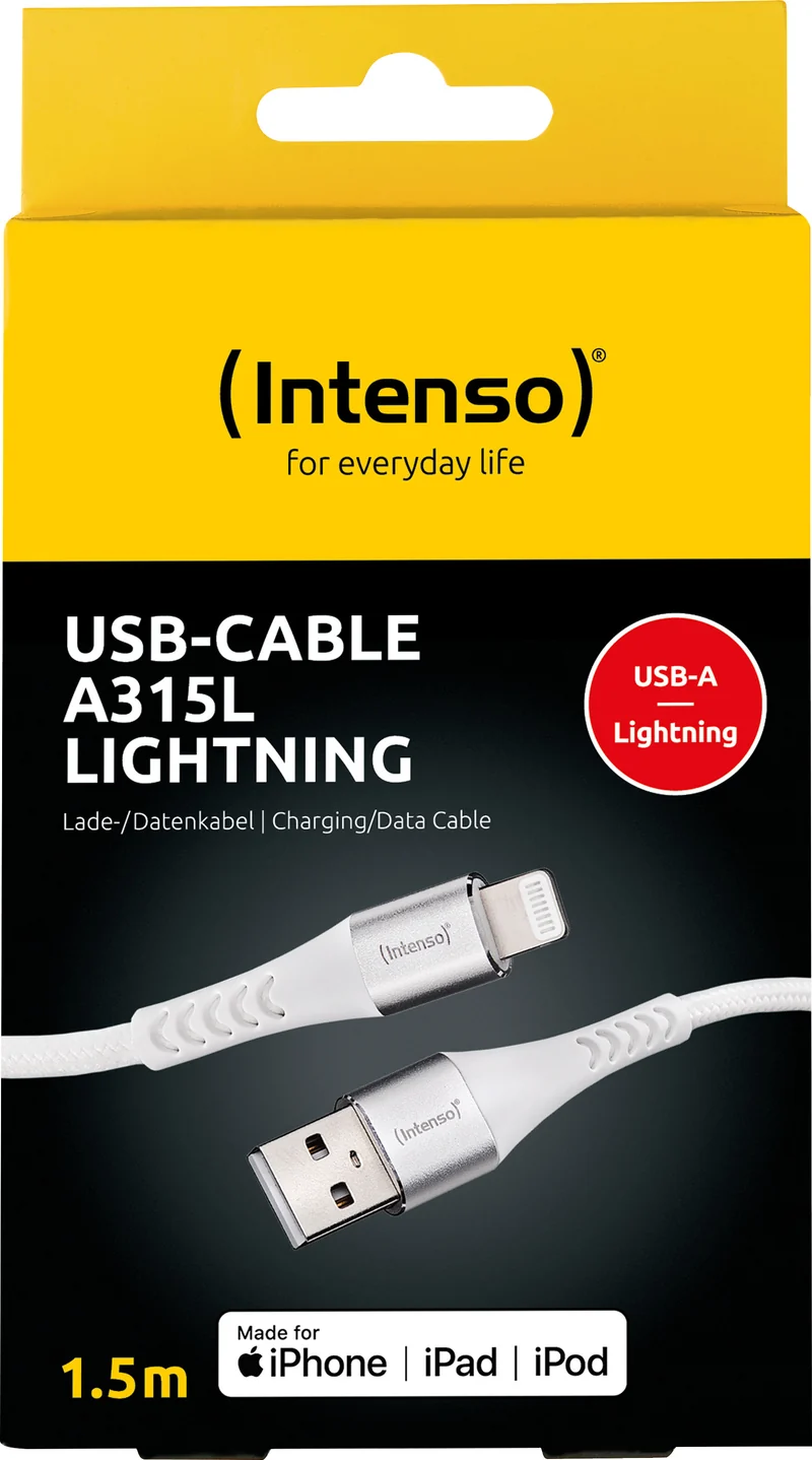 Intenso USB-Kabel „A315L“ – USB-A zu Lightning, 1,5 m, Weiß (Retail-Blister)