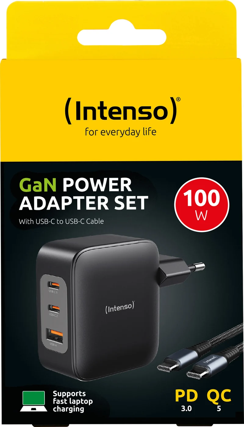 Intenso Power Adapter W100ACC GaN + USB-C Kabel C520C (2 m) – 100 W, Schwarz (Retail)
