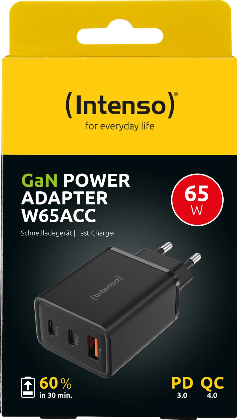 Intenso Ladeadapter „W65ACC GaN“ – 65 W USB-C Power Delivery + USB-A Quick Charge, Schwarz (Retail-Blister)