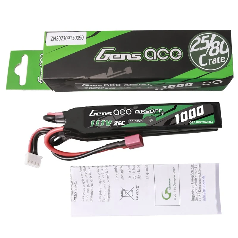 Gens Ace 25C 1000mAh 3S1P 11,1V Nunchuck 3X Airsoft Lipo Batterie mit T-Stecker