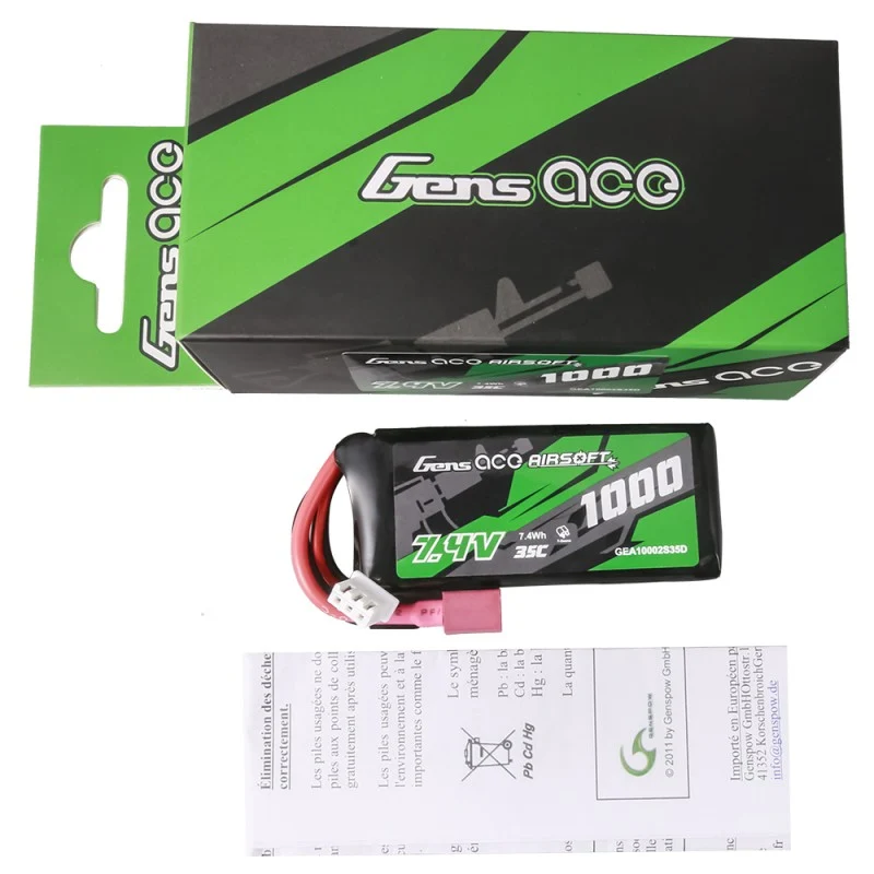 Gens Ace 35C 1000 mAh 2S1P 7,4 V Airsoft Lipo Akku mit T-Stecker