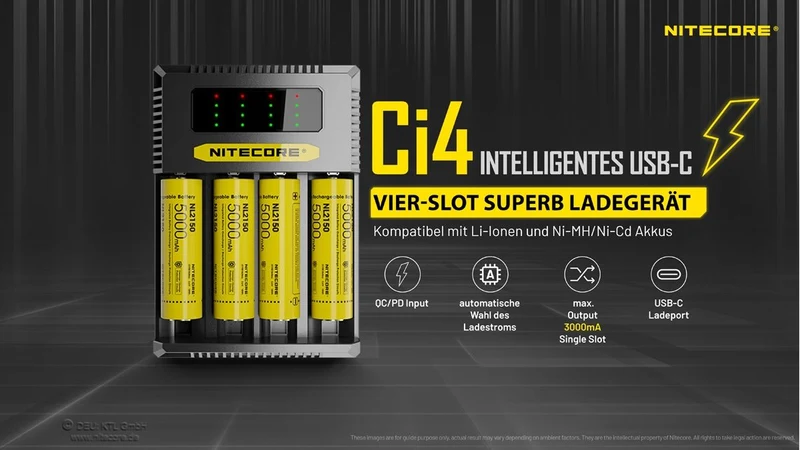 Nitecore Ci4 USB-C Ladegerät – 4-Schacht QC/PD Schnellladegerät für Li-Ion & NiMH/NiCd