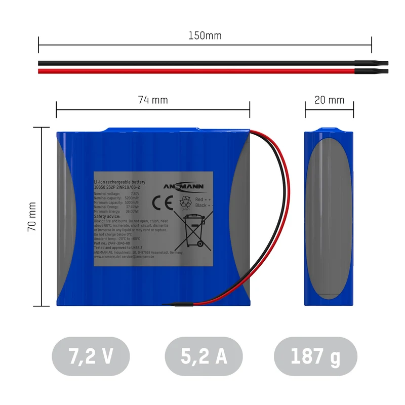Ansmann, Lithium-Ionen Akkupack 7,2 Volt / 5200 mAh / 2S2P, ideal für mobile Anwendungen