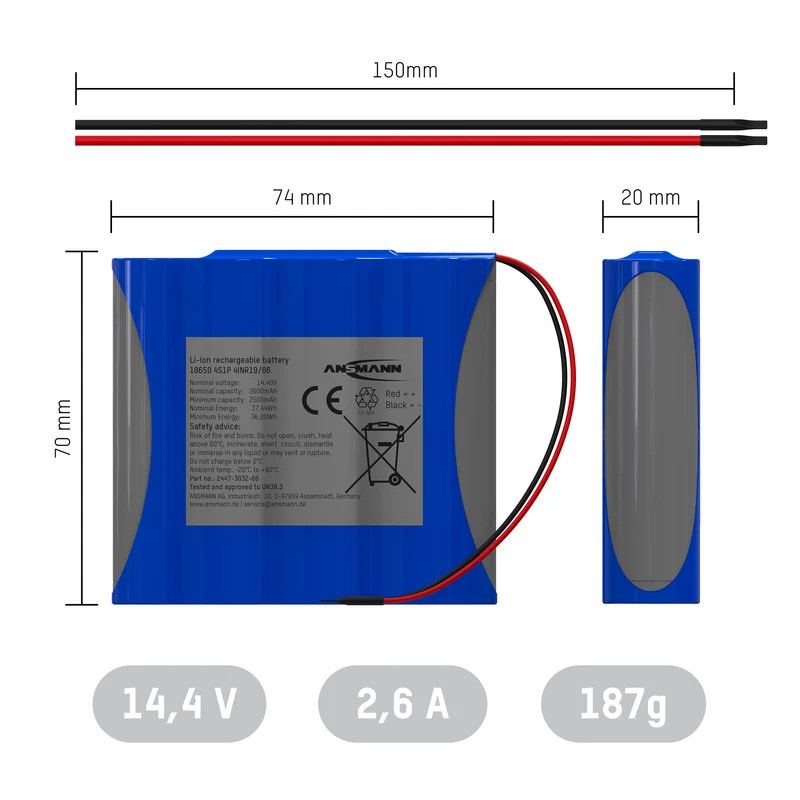 Ansmann Lithium-Ionen Akkupack 14,4 Volt / 2600 mAh / 4S1P, ideal für mobile Anwendungen
