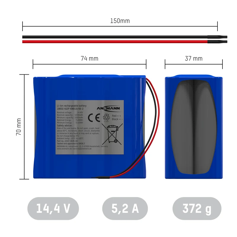 Ansmann Lithium-Ionen Akkupack 14,54 Volt / 5200 mAh / 4S2P, ideal für mobile Anwendungen