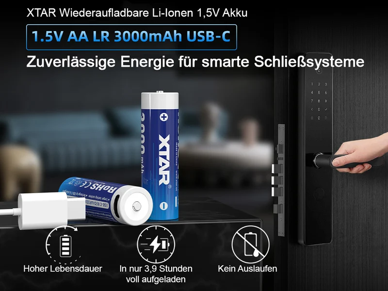 XTAR, 4x AA 1,5V Li-Ionen Akku 3000mAh – USB-C – mit gleichmäßig sinkender Spannung, mit integrierter Ladeelektronik, innovativ und zuverlässig