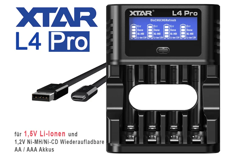 XTAR L4 Pro Akku Ladegerät – für Li-Ion 1,5V & NiMH/NiCd 1,2V AA/AAA Akkus, lädt Ihre Akkus präzise & sicher!