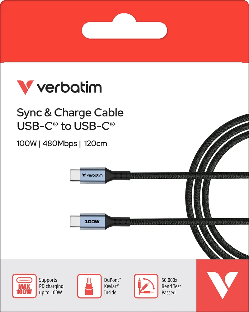 Verbatim Ladekabel, USB-C/USB-C, 1.2m, schwarz Sync&Charge, 100W, 480MBit/s, Retail