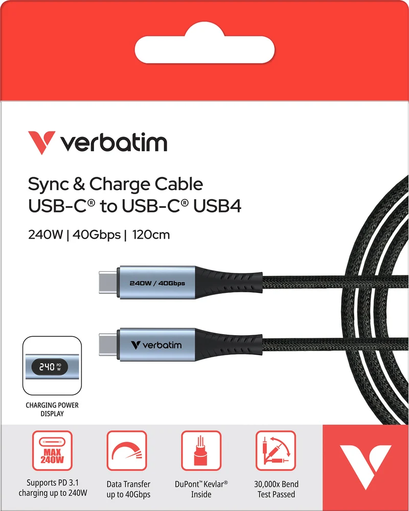 Verbatim Ladekabel, USB-C/USB-C, 1.2m, schwarz Sync&Charge, 240W, 40GBit/s, LED Anzeige, Retail