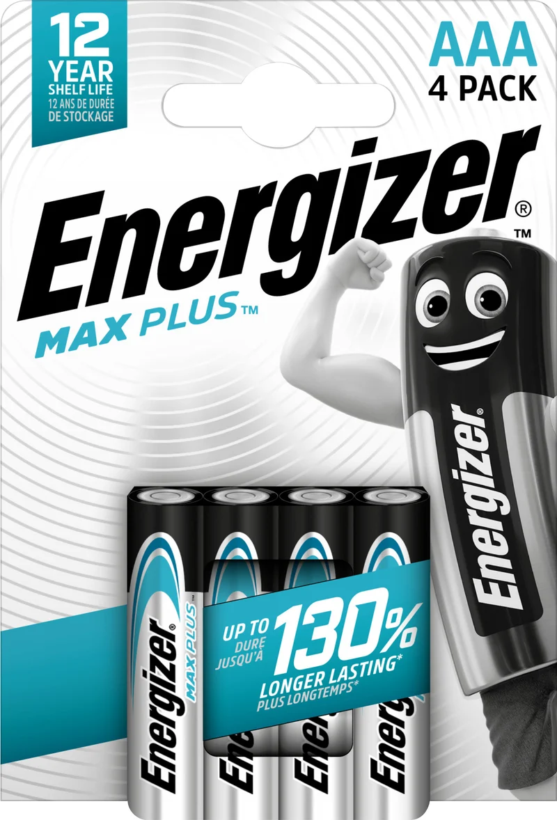 Energizer Batterie Alkaline, Micro, AAA, LR03, 1.5V Max Plus, Retail Blister (4-Pack)
