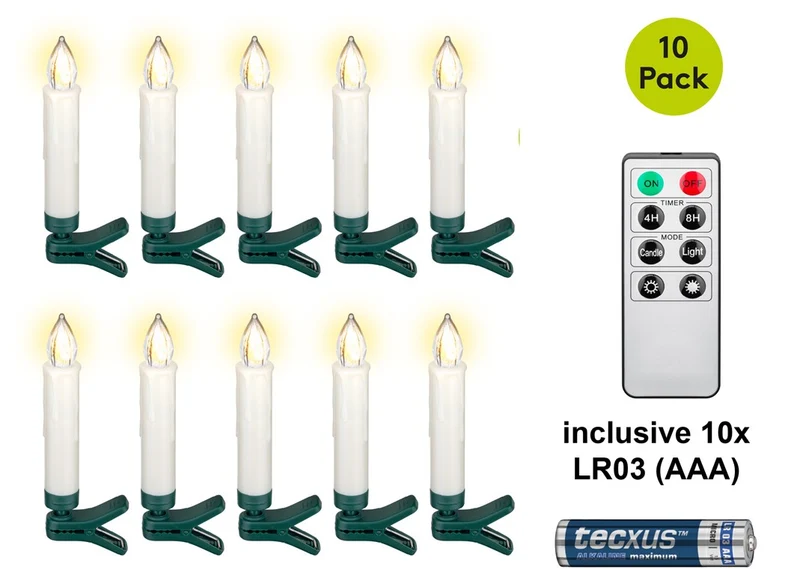 Goobay 10 kabellose LED-Weihnachtsbaumkerzen inkl. 10x AAA (LR03) - mit Klemmen, Fernbedienung und Timerfunktion, dimmbar, warmweiß (2500-2700 K)