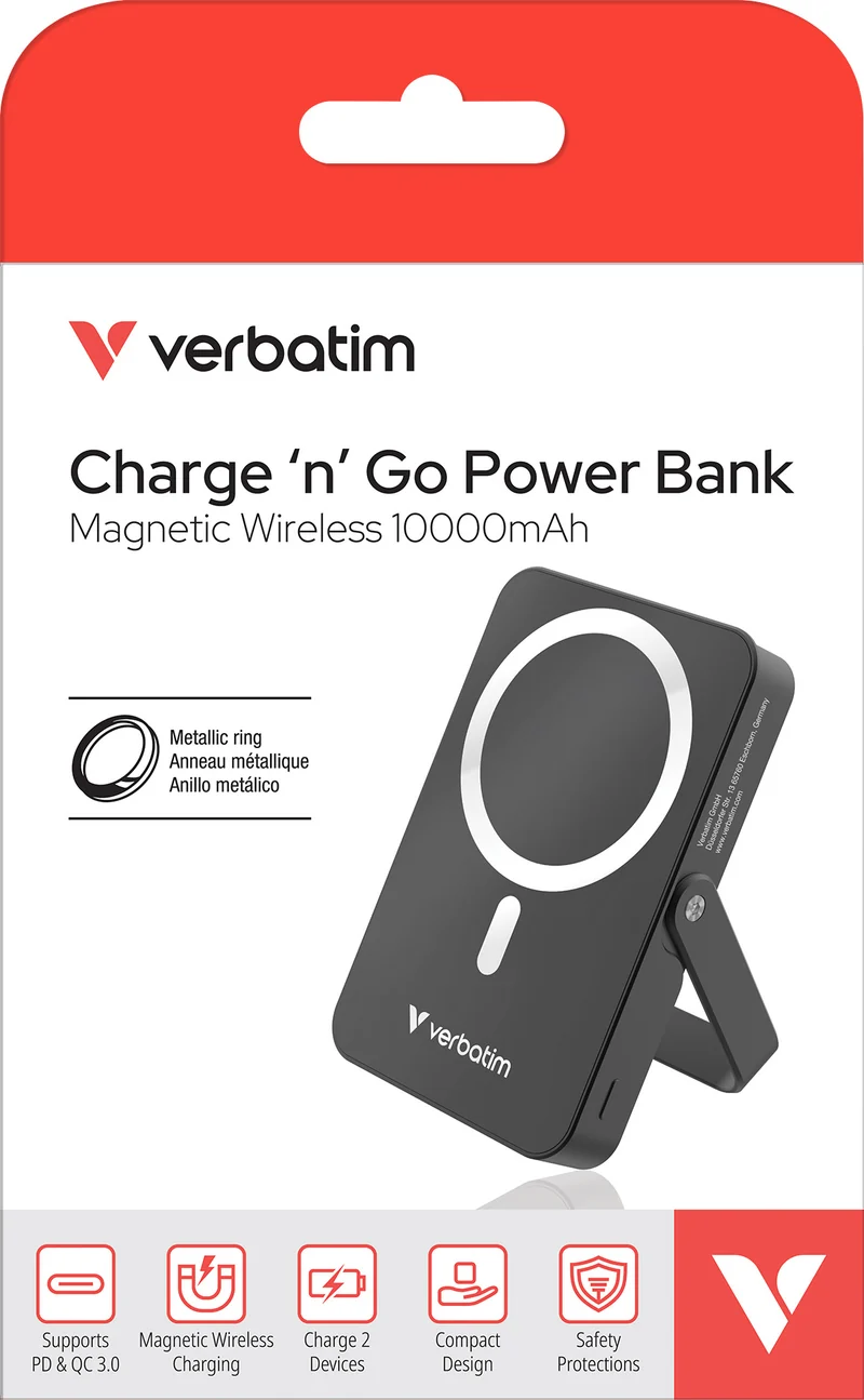 Verbatim Akku Powerbank, 10.000mAh, Charge´n´Go, schwarz Magnetic Wireless, USB-C, QC-PD 3.0, Retail-Blister