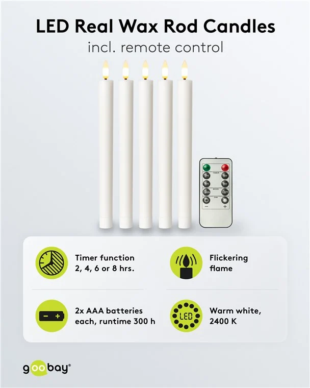Goobay 5er-Set weiße LED-Echtwachs-Stabkerzen, inkl. Fernbedienung - mit Fernbedienung, Timerfunktion und 3D-Flammenkegel, batteriebetrieben, warmweiß (2400 K), dimmbar