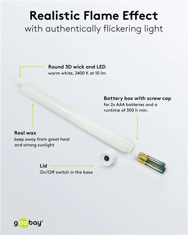 Goobay 5er-Set weiße LED-Echtwachs-Stabkerzen, inkl. Fernbedienung - mit Fernbedienung, Timerfunktion und 3D-Flammenkegel, batteriebetrieben, warmweiß (2400 K), dimmbar
